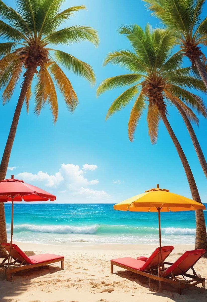 A vibrant beach scene showcasing a diverse group of confident individuals in eye-catching, stylish swimwear enjoying live cam entertainment under bright sun. Include colorful beach umbrellas and palm trees in the background, capturing an atmosphere of fun and freedom. Emphasize a sense of connection and playfulness among the characters, with waves crashing gently nearby. Use bright colors and a cheerful mood to enhance the allure of summer. super-realistic. vibrant colors. beach setting.