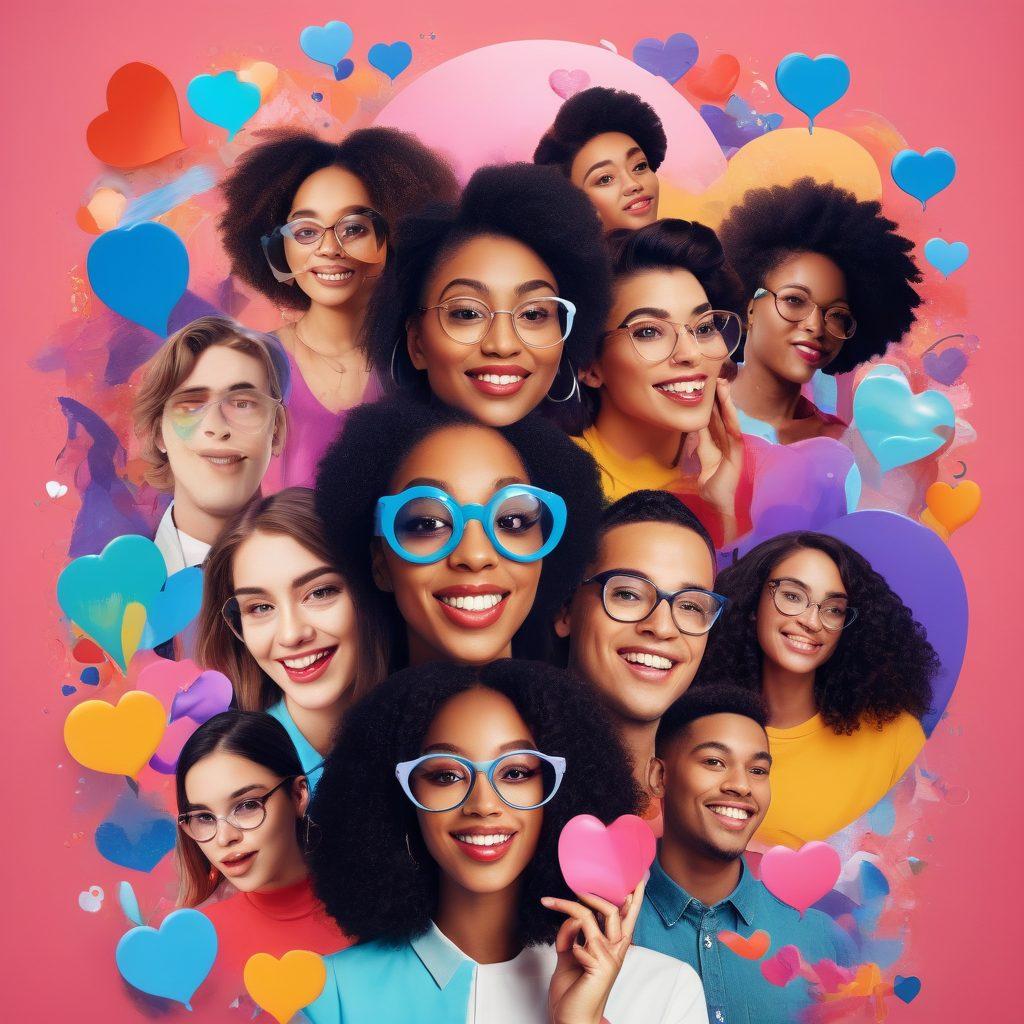 A colorful collage featuring various webcam models engaged in interactive entertainment, showcasing diverse personalities and vibrant expressions. Include elements like chat bubbles and hearts to symbolize engagement, while the background features bright, playful abstract shapes representing the online world. Emphasize diversity in gender, ethnicity, and style among the models to reflect inclusivity. Use a contemporary digital art style. vibrant colors. 3D.