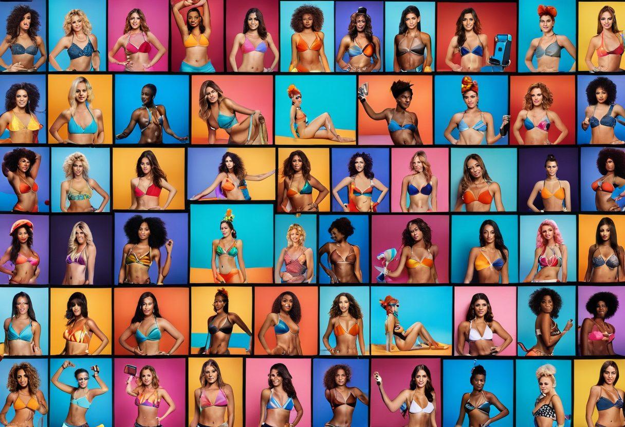 A dynamic collage illustrating the evolution of adult live streaming, featuring a vibrant scene with a timeline of fashion from bikinis to bold outfits, showcasing diverse performers in animated poses. Include elements like old computer screens blending into modern streaming devices, and colorful streaming icons. The background should be a gradient of dusk colors to symbolize change and evolution. super-realistic. vibrant colors. 3D.